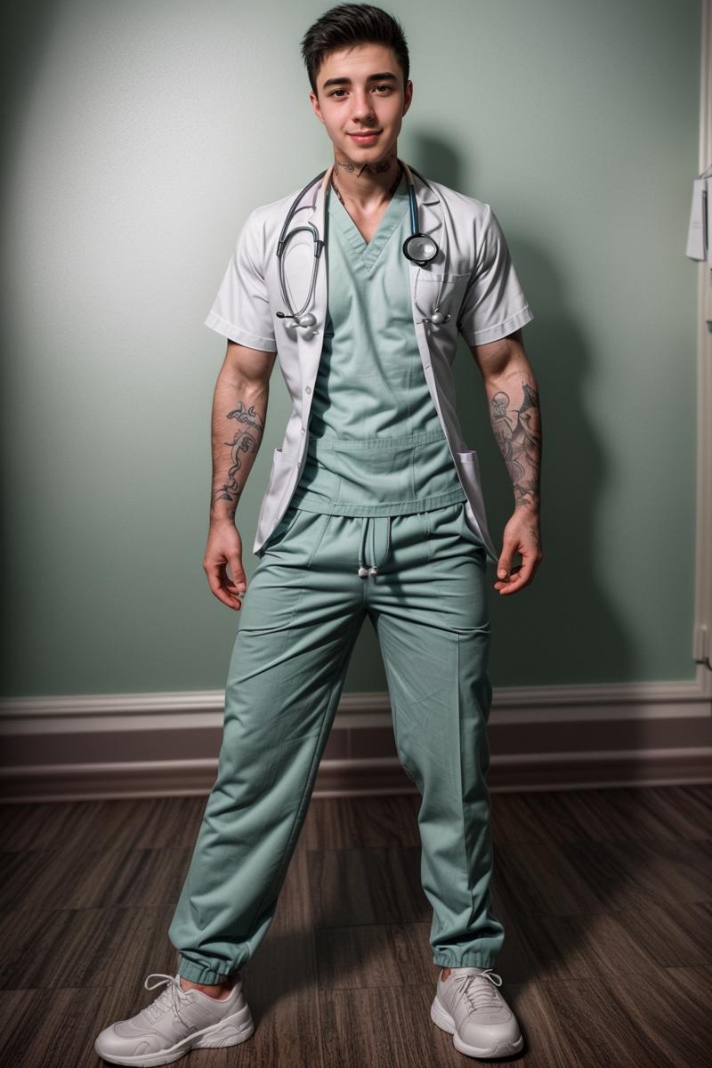 00003-1710208882-professional studio photo of male jakipz _lora_jakipz-08_0.85_ standing in a hospital dressed as a doctor in green scrubs and we.png